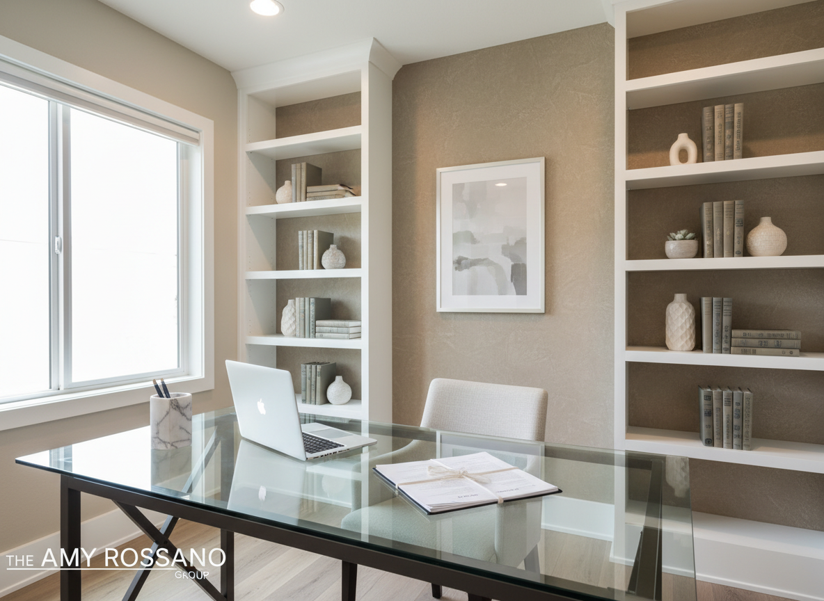 A tidy modern home office featuring a large, sleek glass-top desk with organized real estate documents, a silver laptop, and a minimalistic marble pen holder. Behind the desk is a textured beige accent wall and built-in white shelves with tastefully arranged real estate books and decorative neutral-toned elements. Soft overhead lighting blends seamlessly with filtered daylight from a nearby window, creating a well-lit, tranquil workspace. The environment feels professional and serene, representing the strategic planning and hands-on guidance of the Amy Rossano Group. Framed at an eye-level angle using the rule of thirds, the composition is uncluttered and structured. Photographic realism and a minimalist, corporate aesthetic reinforce an atmosphere of clear communication and competence.